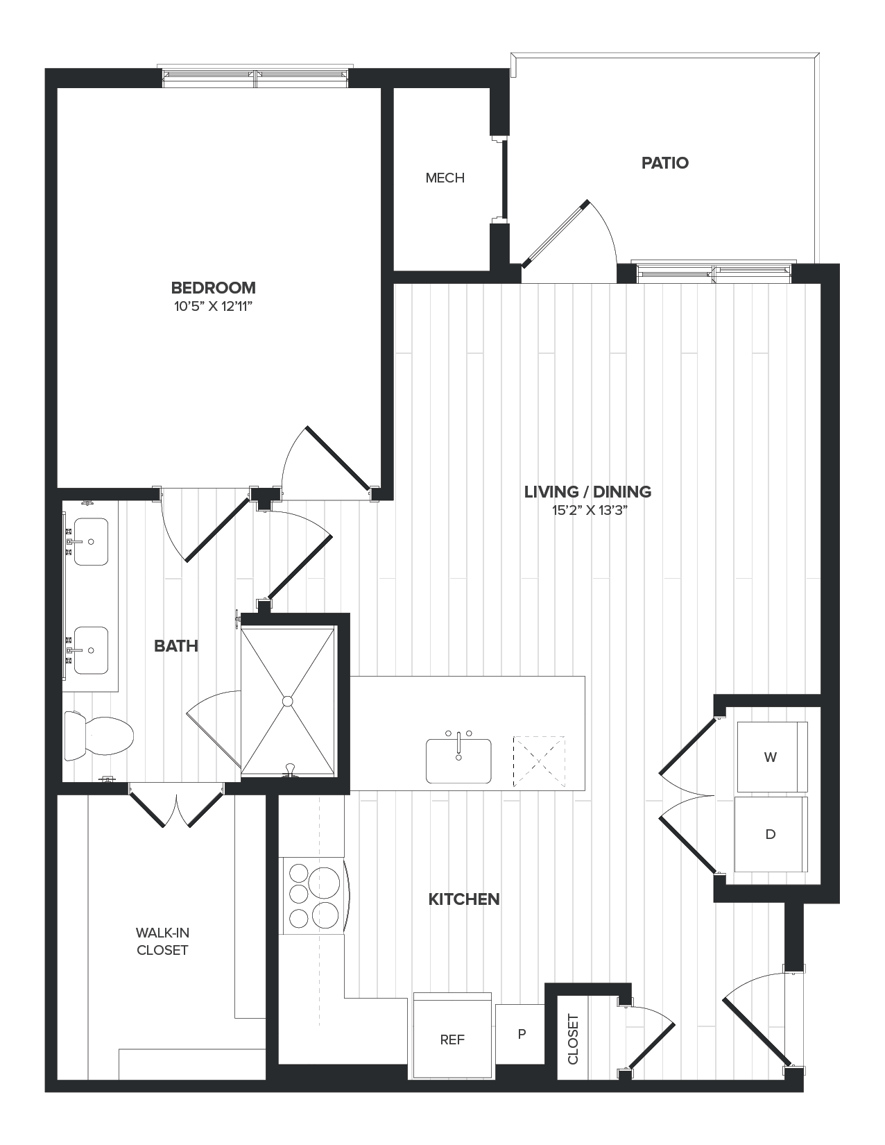 Floor plan for 1 bed, 1 bath, 763 sqft